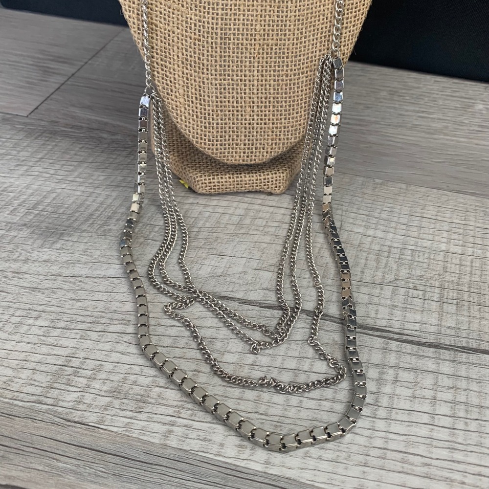 Silver Tone Multi Strand Layered Necklace Square Block Link 30 Inch 4812